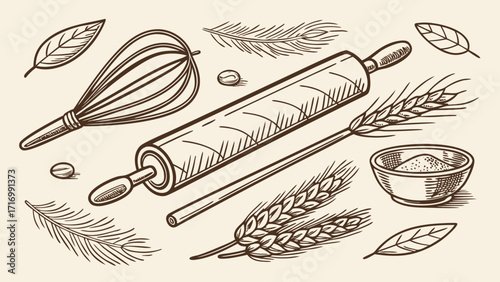 Baking essentials illustration featuring rolling pin whisk wheat and leaves.