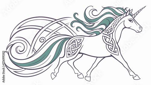 Celtic unicorn in motion detailed design majestic creature flowing mane and tail intricate knotwork patterns.