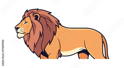 Stylized illustration of a regal lion with majestic mane on a plain background providing graphic clarity and simple aesthetic appeal for various
