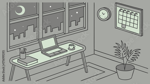 Laptop on desk in a room at night with a cup of coffee.