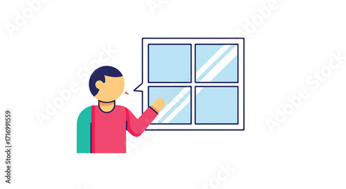 Flat design illustration of a person presenting a window view as an idea or product demo in a clean and modern style