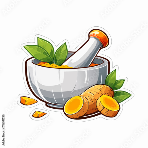 Vibrant illustration of a mortar and pestle crushing golden turmeric roots and powder, symbolizing natural health, herbal medicine, and traditional remedies for wellness