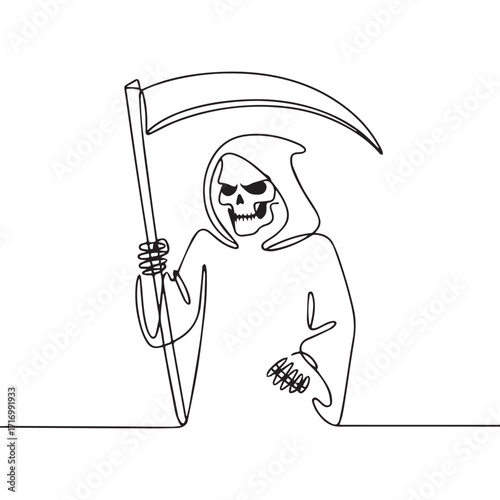 Continuous Simple black line art drawing of a Grim reaper in a minimalist style on a white background.