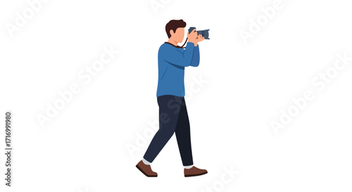 A flat vector art illustration of a man taking pictures with a camera, capturing a moment in time with his photography skills and equipment
