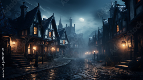 Medieval Town with Cobblestone Road and Tudor Houses