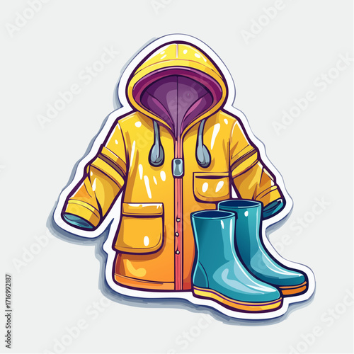Vector, Bright yellow raincoat and matching blue rain boots, perfect for staying dry and stylish in wet weather conditions