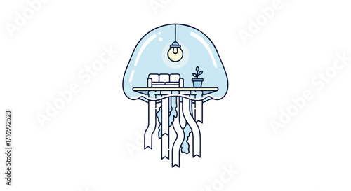 Surreal Underwater Living Space: A Jellyfish Home with Cozy Interior Accents and Serene Aesthetic Floating Amidst the Abyss