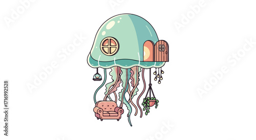 Whimsical Jellyfish Abode with Cozy Interior and Hanging Plants, Fantasy Home Illustration