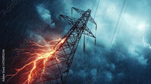 Lightning Strikes Power Tower During a Violent Storm