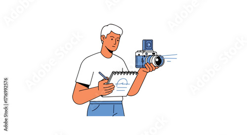 Illustrative character with camera and notebook crafting visual stories through photography and sketching capturing moments and memories