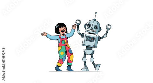Animated celebration: A jovial girl in colorful overalls joyfully dances alongside a friendly robot on a white backdrop