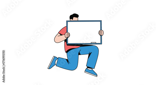 Dynamic announcement: Man kneeling while presenting blank whiteboard for advertising or message display