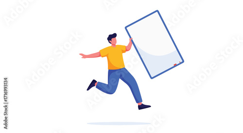 Man sprinting with oversized smartphone, presenting digital growth and mobile technology applications, conveying dynamism and innovation in