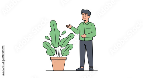 Man presenting lush houseplant, showcasing greenery in interior design, conveying care and appreciation for nature indoors displaying flourishing