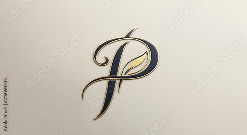 Elegant Gold and Black Letter P Logo with Leaf Design on Light Textured Background