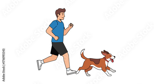 Animated man and his playful canine companion jogging together during their morning exercise routine for healthy lifestyle