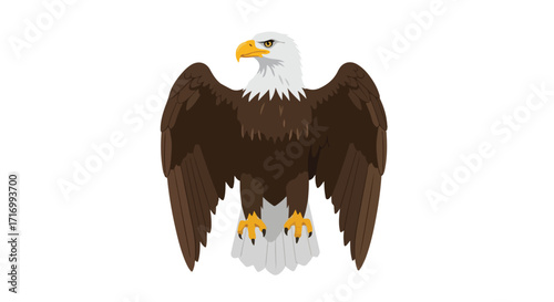 A majestic bald eagle illustrated with stylized wings spread widely with sharp eyes looking fiercely, a symbol of freedom and strength