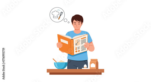 Illustrative depiction of a young man thoughtfully consulting a cookbook while preparing a delectable baking recipe indoors