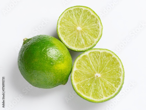 Fresh limes, whole and sliced, showcasing vibrant green colors and textures