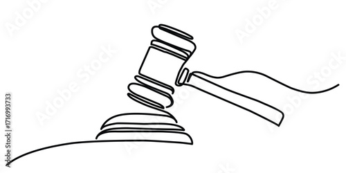 Judge's gavel continuous one line drawing minimalism design isolated on white background. vector ilustration.