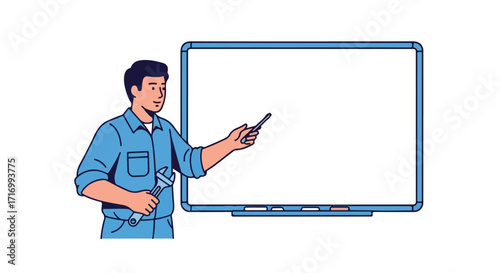 Illustrated mechanic presenting ideas on whiteboard with wrench in hand offering expertise and solutions to technical challenges or maintenance needs