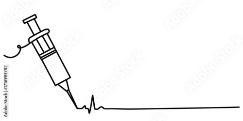Continuous one line drawing of syringe for inject. One line drawing illustration of medical syringe. Medical health, vaccine vial, anti virus concept single line. Vector ilustration.