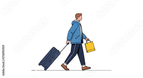 Stylish traveler illustration strolling with a suitcase and shopping bag on minimalist background showing a journey concept