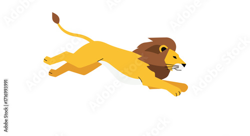 Stylized lion leaping forward with dynamic pose, embodying strength and agility, isolated on a clean white background ideal for graphical use