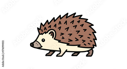 Stylized illustration of a charming hedgehog with a pointy quill coat and tiny legs on a white background