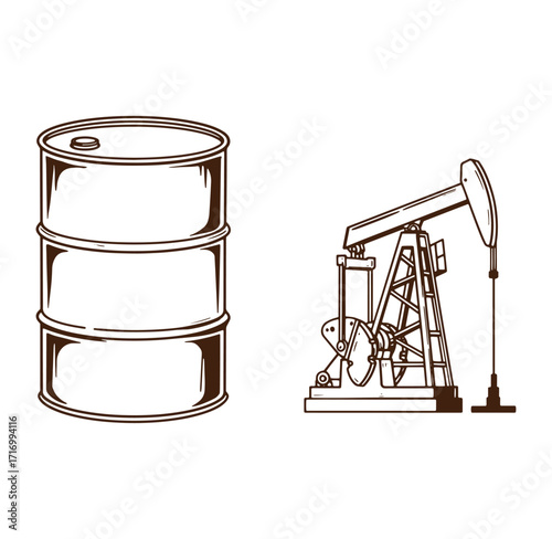 Crude oil industry illustration featuring an oil drum and a traditional pump jack