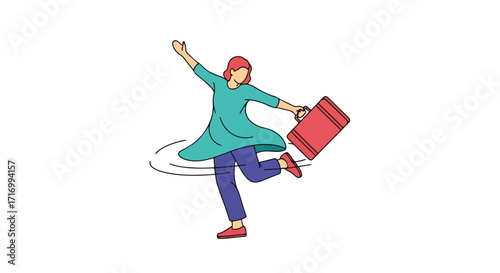 Exuberant woman with luggage, joyfully twirling in a carefree dance on a pure white canvas background portraying pure happiness and uncontained joy