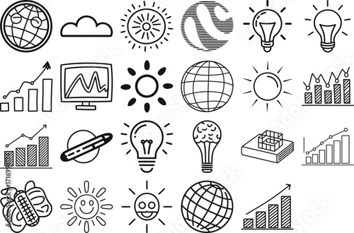 Fresh doodle vector set featuring business graphs, lightbulbs, and suns for your project