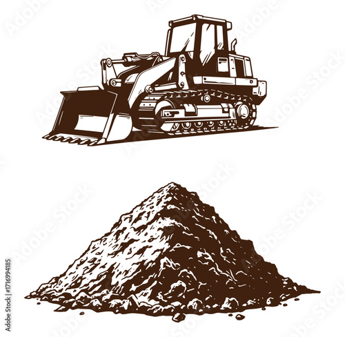 Detailed illustration of a bulldozer and a pile of earth on a white background