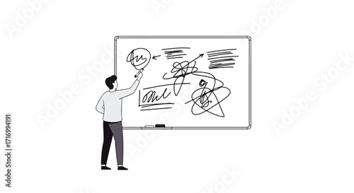 Conceptualization on whiteboard representing strategic planning innovation session for business professionals and academic presentations