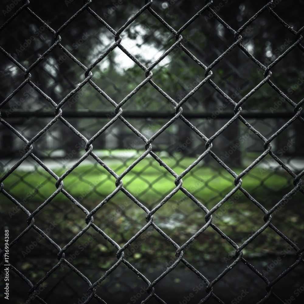 Fototapeta premium A close-up view of a chain link fence with a blurred background of trees and green grass. The image conveys a sense of barrier and enclosure