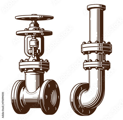 Detailed illustration of industrial valves and pipes with flanges and fittings in brown