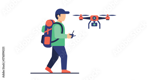 Adventurous explorer operating drone technology for aerial photography during a hiking trip, isolated on white background