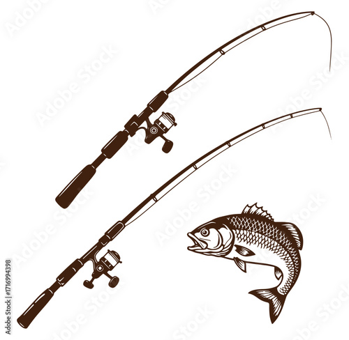 Fishing concept featuring two fishing rods and a detailed vector illustration of a fish