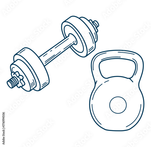 Hand drawn illustration of a dumbbell and kettlebell used for strength training and fitness