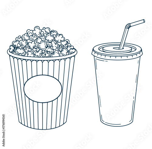 Hand drawn outline illustration of a popcorn container and a soda drink cup