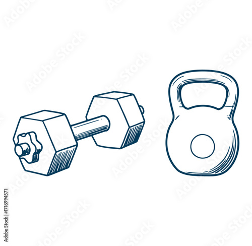 Hand-drawn style illustration of a dumbbell and kettlebell for fitness and workout routines