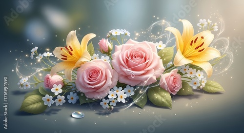Elegant Floral Arrangement with Pink Roses and Yellow Lilies in Soft Lighting for Romantic or Decorative Use