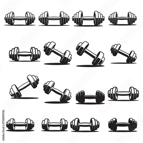 Flat Black Silhouette Dumbbell and Vector Icon Bundle – Fitness Gym Collection