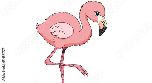 Cartoon pink flamingo standing gracefully with crossed legs on a clean white background image
