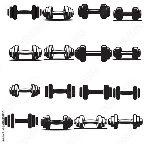 Flat Black Silhouette Dumbbell and Vector Icon Bundle – Fitness Gym Collection