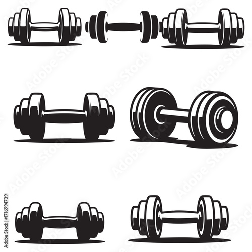 Flat Black Silhouette Dumbbell and Vector Icon Bundle – Fitness Gym Collection