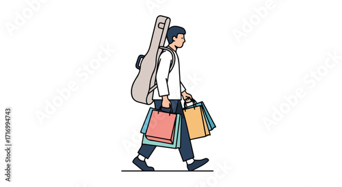 Illustration of a man carrying shopping bags and a guitar case, showcasing modern consumerism and artistic pursuits, drawn in a simple style