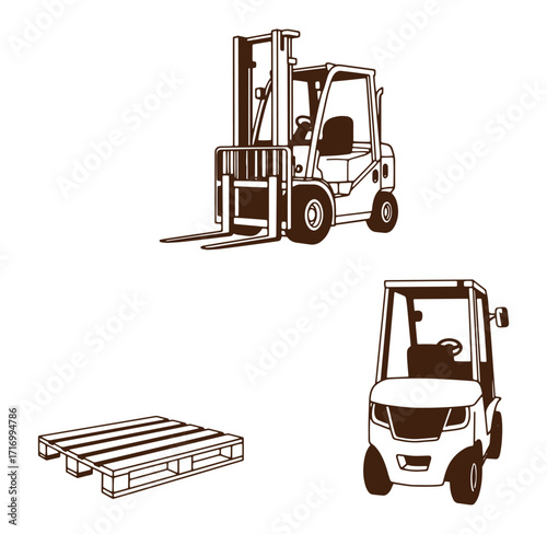 Illustrative vector graphics of forklifts and pallet depicting logistics and industrial transportation.