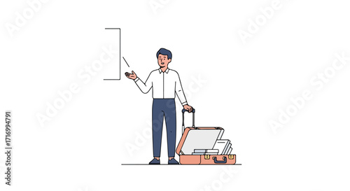 Cartoon illustration of a traveling salesman presenting with his briefcase showcasing business documents and materials, minimalist design and clean