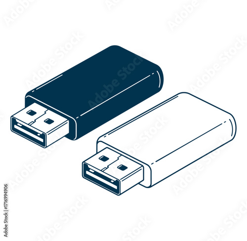 Isometric view of two usb flash drives in contrasting colors isolated on white